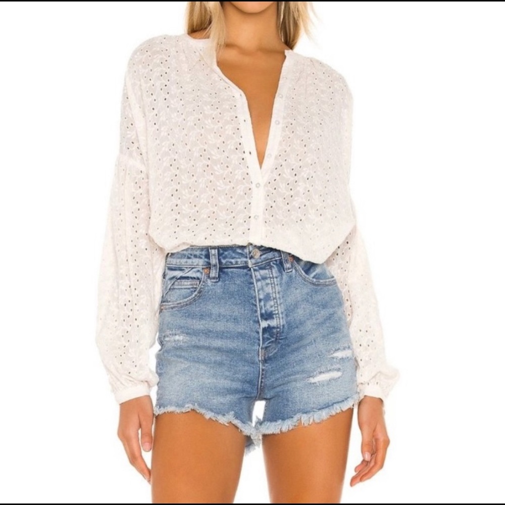 Free People Cream Eyelet Maddison Buttoned Top Extra Large